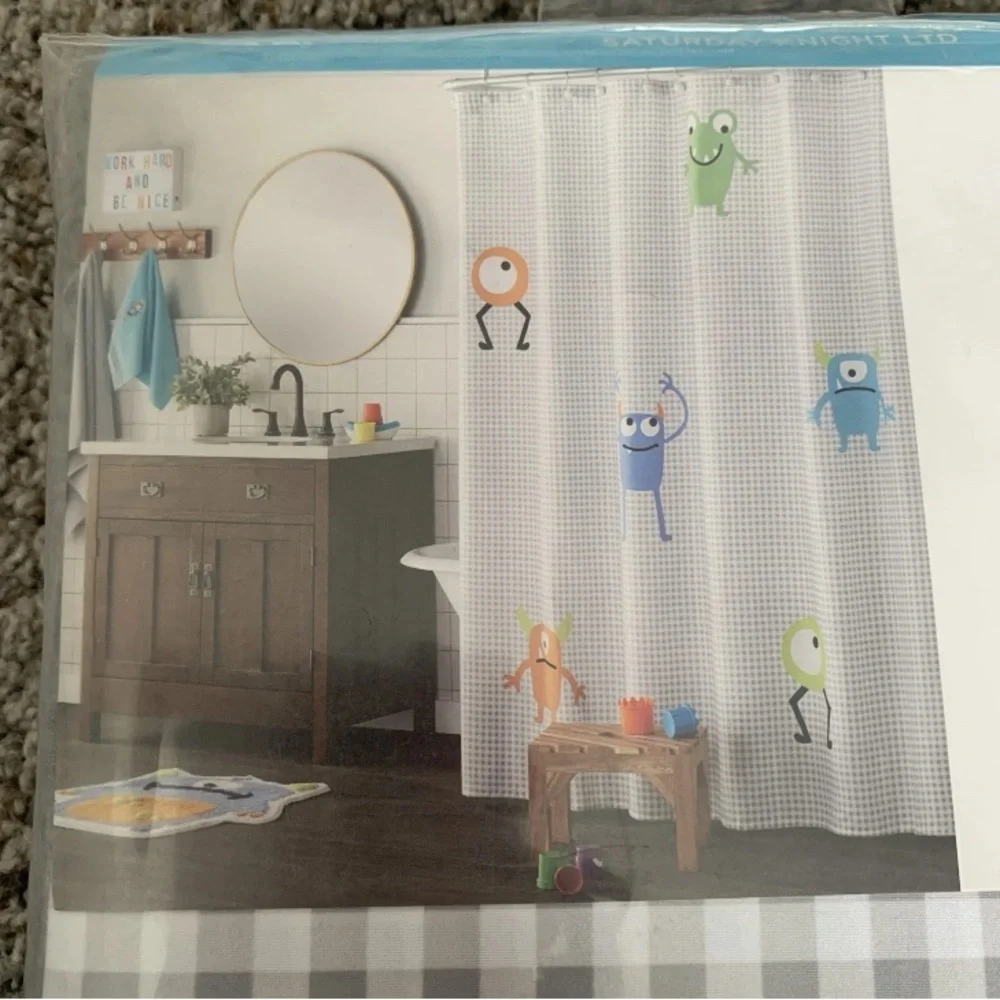 Monsters Kids Shower Curtain - White with Multicolor Monsters